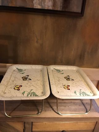 Vintage 1960’s Lap Tv Trays - Set Of 2 With Butterfly Pattern -