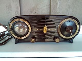 Vintage Zenith Deluxe Tube Clock Radio Mod J616 Owl Eyes Bakelite Parts/repair