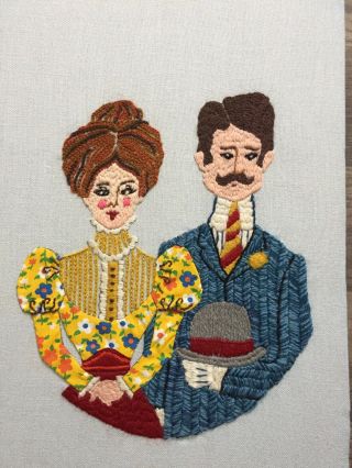 Vintage Handmade Embroidered Wall Hanging Picture Man And Woman