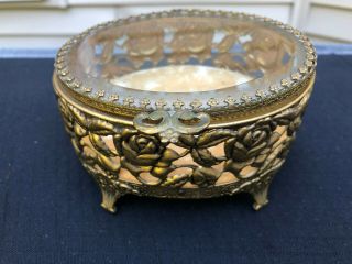 Vintage Gold Ormolu Filigree Roses Footed Oval Trinket Jewelry Box W/ Glass Lid