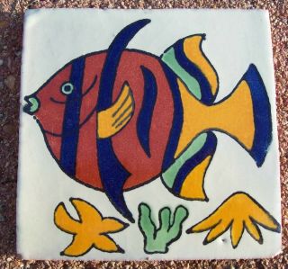 10 Talavera Mexican Pottery 4 " Tile Striped Multi Colored Fish Sea Weed Blue