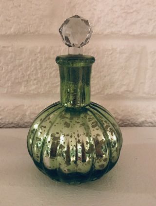 Decorative Mercury Vanity Ribbed Round Green Glass Perfume Bottle With Stopper