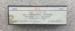 Vintage Yale B - D 2 Cc Glass Hypodermic Syringe With Box Luer - Lok