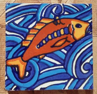 10 Talavera Mexican Pottery 4 " Tile Fish Nautical Dark Orange Koi Pond Blue Aqua