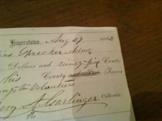 8dec - ANTIQUE DOCUMENT HAGERSTOWN CIVIL WAR TAX 1862 STATE COUNTY SIGNED 2