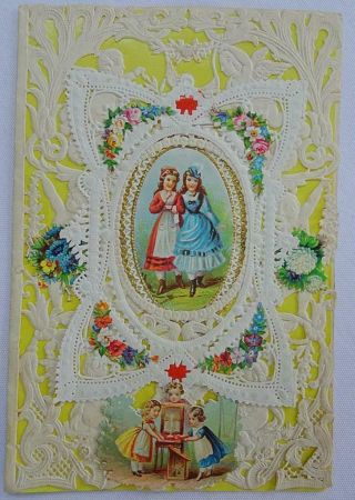 Victorian Paper Lace Antique Greeting Card Valentine Printed Girls Children
