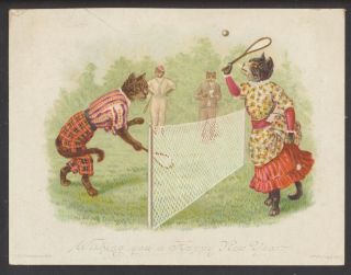 C6332 Victorian Year Card: Cats Playing Tennis
