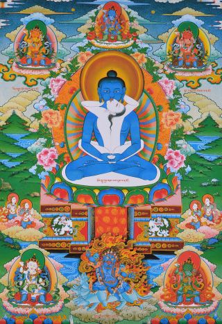 25 " Natural Mineral Color Silkprint Tibetan Thangka: Samantabhadra Adi Buddha =