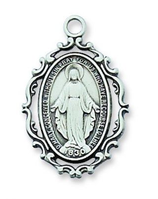 Miraculous Medal Virgin Mary Sterling Silver Medallion Pendant 18 Inch Chain Box