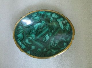Vintage Mid Century African Malichite Mosaic Oval Pin Trinket Dish W Brass Rim