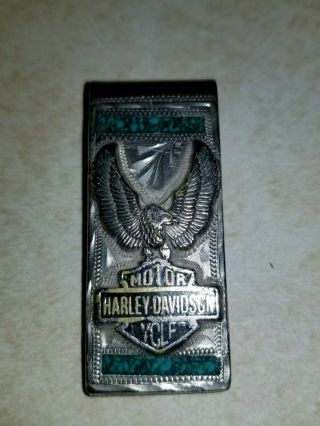 Sterling Silver 925 Money Clip Harley Davidson Motor Cycles Turquoise Signed