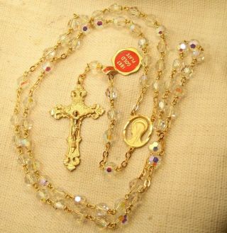 Estate Sterling Silver & 18k Gold Plate Chapel Crystal Rosary Necklace