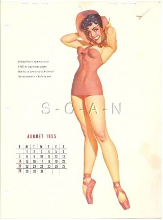 Org Vintage Risque Pinup Calendar - George Petty - Ballerina - Swimsuit - Aug 1955