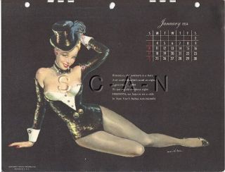 Org Vintage Risque Pinup Calendar - Ernest Chiriaka - Dancer - Top Hat - Jan 1954
