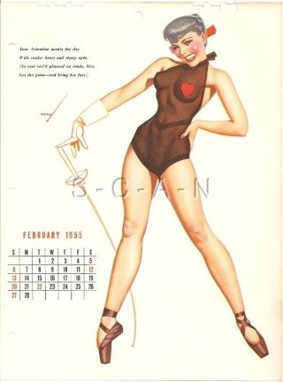 Org Vintage Risque Pinup Calendar - George Petty - Ballerina - Fencing - Feb 1955