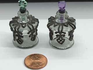 Vintage Mini Perfume Bottle Silver Metal Cage Glass Screw Stopper Set Of 2