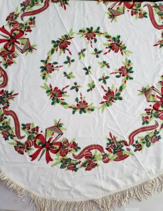 Vintage 1960s Round Christmas Fringed Tablecloth Bells Ornaments Holly 57 Inch
