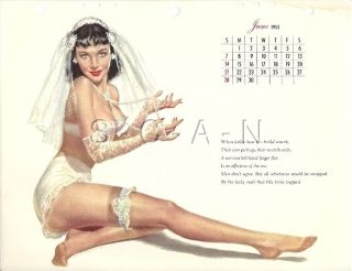 Org Vintage Risque Pinup Calendar - Wedding Day Bride - Ernest Chiriaka - Jun 1953