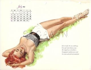 Vintage Risque Pinup Calendar - Sunbathing - Ernest Chiriaka - Jul 1953