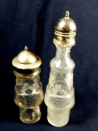Antique Etched Glass Silver Color Metal Top Salt & Pepper Shaker Jar Set Of 2
