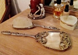 Vintage Antique Hand Mirror And Brush Set Silver Plated Gold Toning