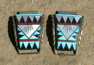 Hopi Ve Signed Turquoise Coral Onyx Sterling Watch Band