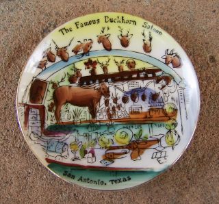 Small 3 - 7/8 " Vintage Handpainted Plate Buckhorn Saloon San Antonio,  Texas