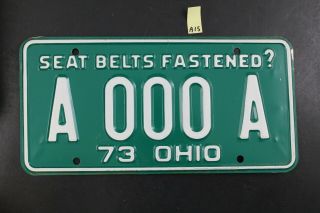 Vintage 1973 Ohio Sample License Plate A - 000 - A Seat Belts Fastened? (a15