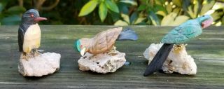 Set Of 3 Hand Carved Peruvian Gemstone Birds Unique &