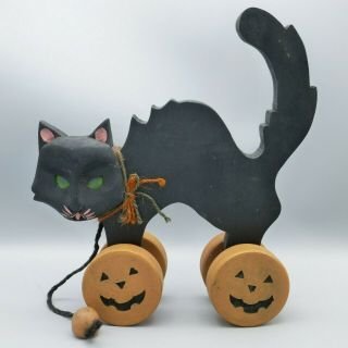 Wooden Black Cat Pull Toy Halloween Figurine Decoration Pumpkin Wheels Folk Art