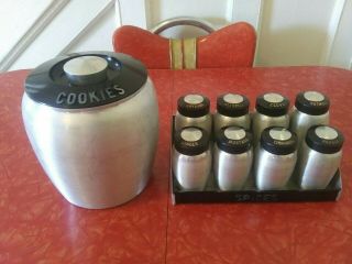 Vintage Kromex Spun Aluminum Spice Set With Cookie Jar 1950s Bakelite Tops