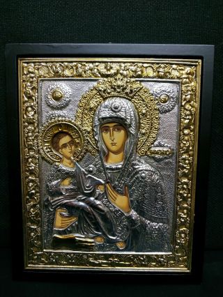 Jesus Christ And Virgin Mary Tricherousa Greek Orthodox Silver Icon 21.  5x17.  5cm