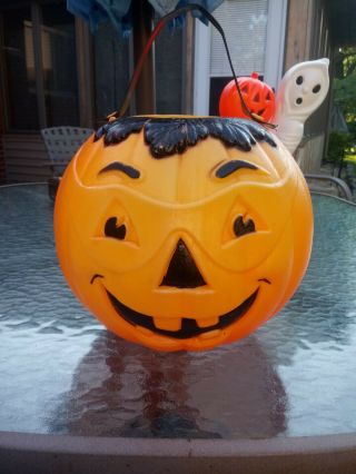 Vintage Halloween Pumpkin Jack O Lantern Candy Treat Bucket Blow Mold