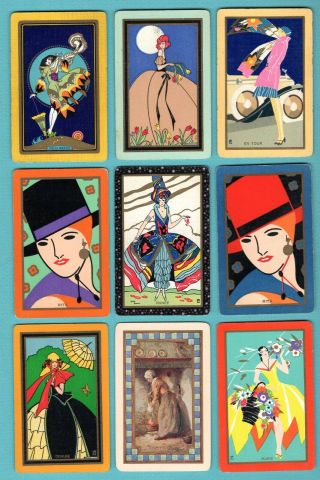 9 Single Swap Playing Cards Deco Narrow Named All Ladies Girls Linen Old Vintage