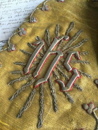 Divine 19thc Antique French Religious Gold Thread Embroidered Ciborium Veil Ihs