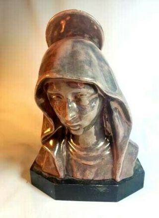 Silver Painted Italian Art Pottery Faience Madonna Bust Head Statue Vintage