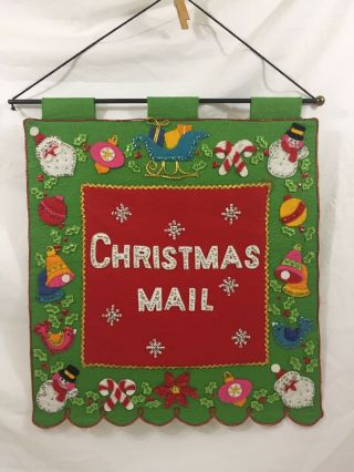 Vtg Felt Christmas Mail Card Holder Bucilla? Sequins Appliqués Wall Mount Hang