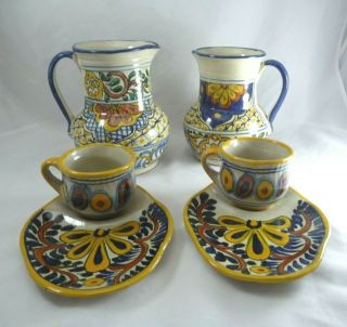 Onofre Hdez Mexican Talavera Pottery (2) Pitchers (2) Cups & Snack Plates