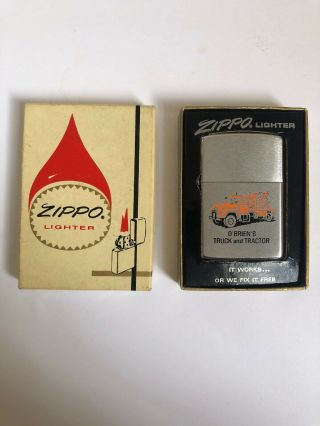 Vintage 1950 Zippo Advertising Lighter Tow O’brien’s Truck & Tractor W/orig Box