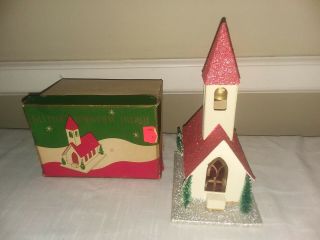 Vintage Large Mica Cardboard Putz Church W/steeple Bell Christmas Decor