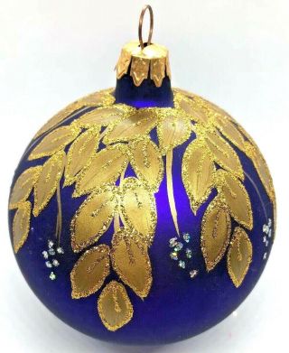 Jumbo Royal Purple Mouth Blown Glass Ball Ornament W/ Hand Painted Gold Leaves