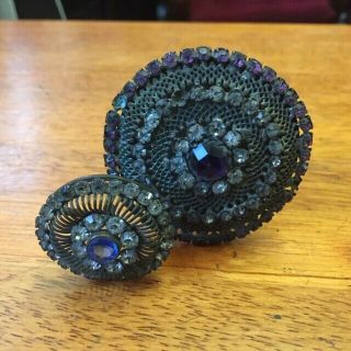 Pair Victorian Antique Hat Pins Hatpins.  Openwork / Purple / Clear Rhinestones