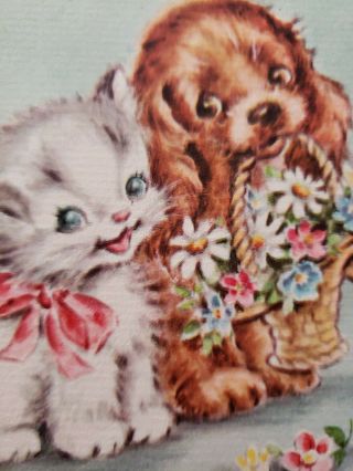 Vtg Rust Craft Greeting Card Get Well Kitten Puppy 40s