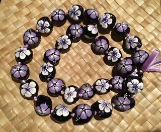 Hawaii Wedding Purple White Kukui Nut Lei Graduation Luau Hula Necklace Hibiscus