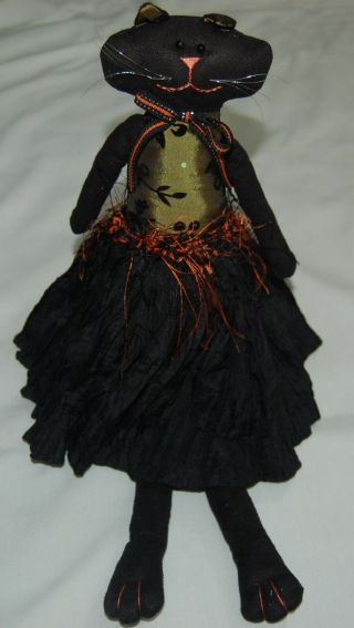 Primitive Halloween Black Cat Skirt 18.  5 Doll Shelf Sitter Decoration Orange
