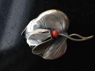 Vintage Hans Teppich Sterling Palestine Brooch With Coral Bead