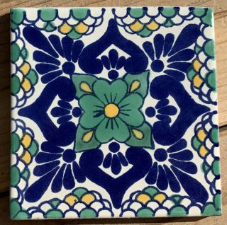 10 Talavera Mexican Pottery 4 " Tile Classic Escamilla Sea Foam Green Cobalt Blue