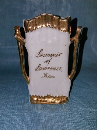Vintage Lawrence Kansas Souvenir White & Gold Planter Vase Made In Germany