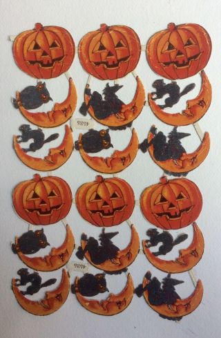 Halloween German Vintage Scraps Witch Black Cat Jack O Lantern Owl Moon Antique