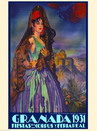 1931 Granada Spain Fiestas Spanish Senorita Vintage Travel Advertisement Poster